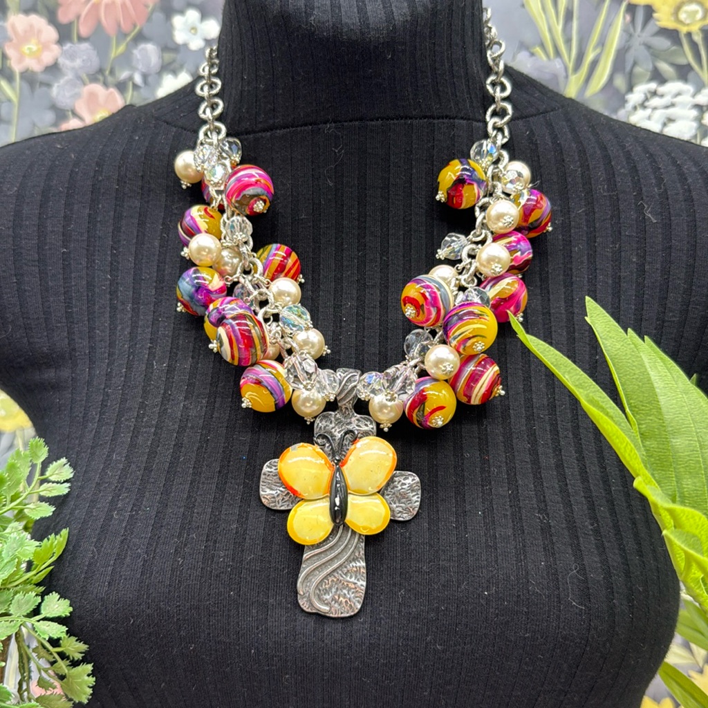 Adorned Crown Jewelry Assemblage Enamel Butterfly Cross Bauble Necklace 58$